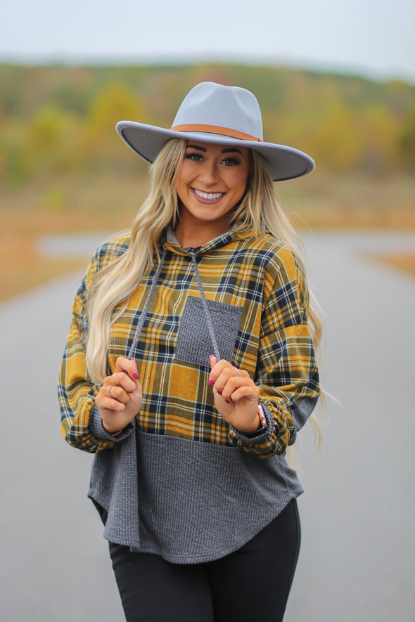 Mustard & Charcoal Plaid Contrast Hooded Top