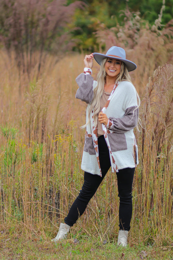 Ivory & Brown Cow Open Front Cardigan