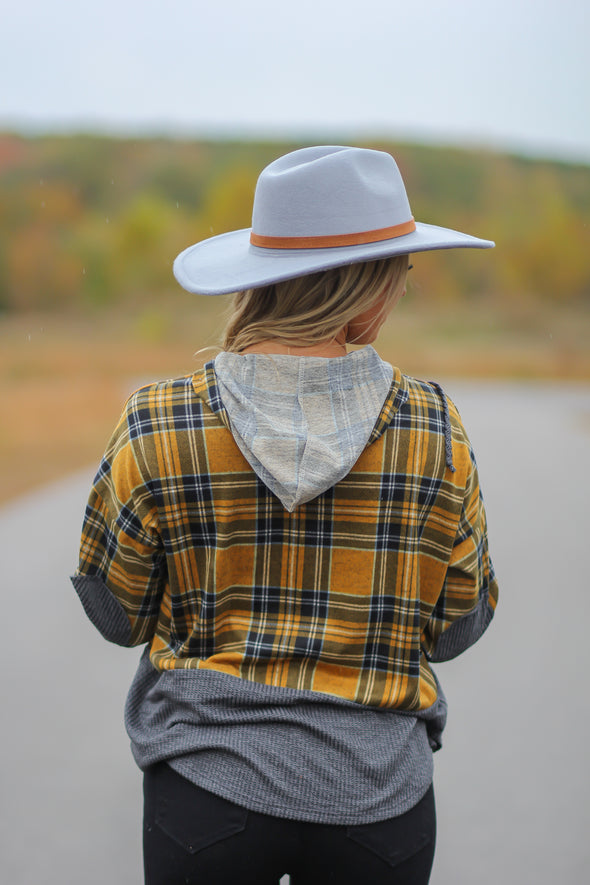 Mustard & Charcoal Plaid Contrast Hooded Top