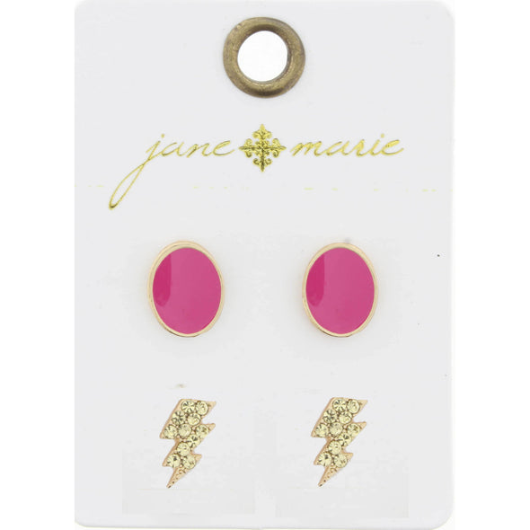 Kids Pink Enamel Oval & Lightning Bolt Earrings