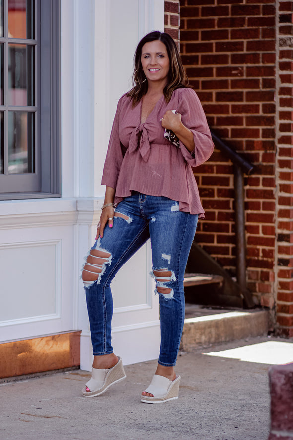 Marsala Textured Bow Detail Blouse