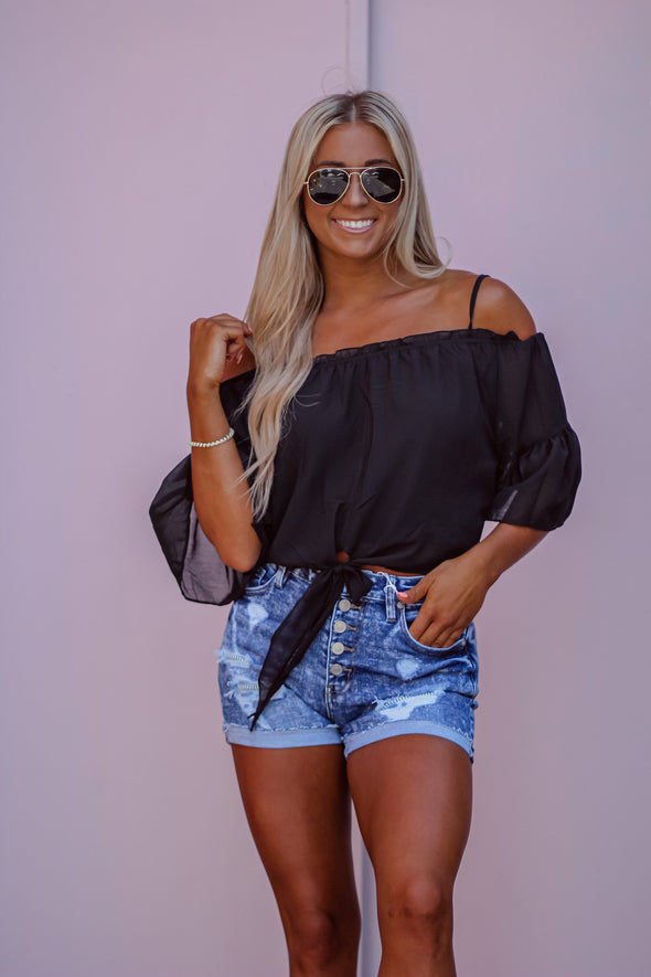 Black Woven Off Shoulder Tie Front Blouse