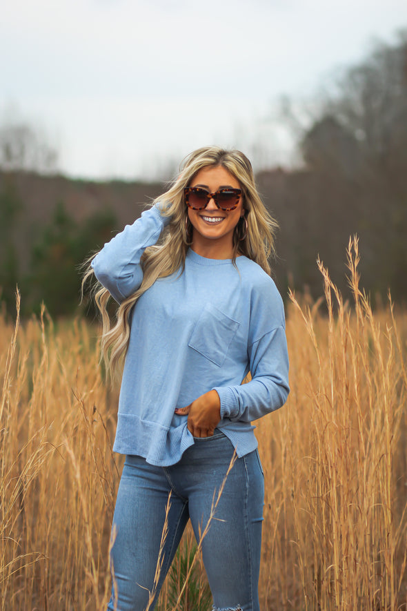 Slate Brushed Front Pocket Long Sleeve Top