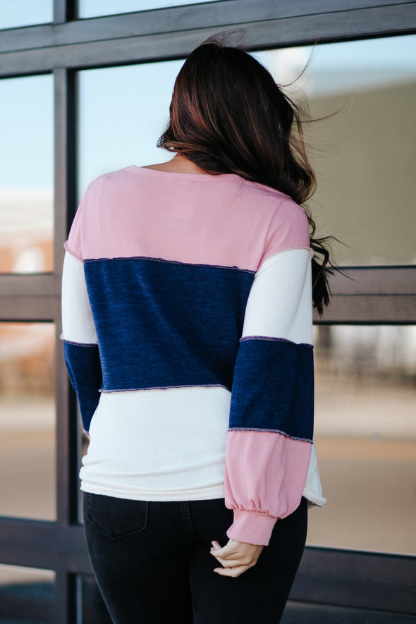 Rose & Navy Colorblock Balloon Sleeve Top