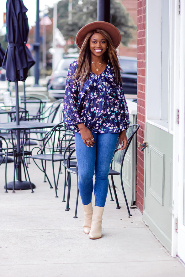 Navy Floral Sheer Knit Dolman Sleeve Blouse