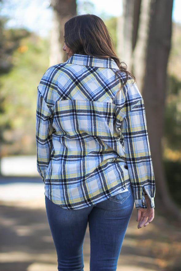 Sky Blue & Yellow Plaid Button Down Shacket