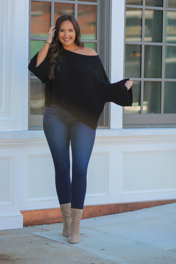 Black 3/4 Length Ribbed Sweater