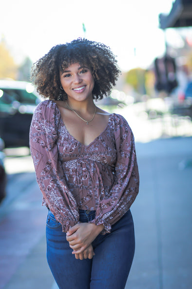 Dark Mauve Paisley Smocked V Neck Blouse