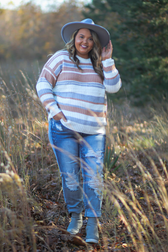 Curvy Mauve & Periwinkle Multi Stripe Sweater