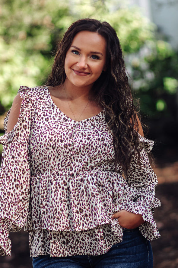 Cream Leopard Cold Shoulder Blouse In Regular & Curvy