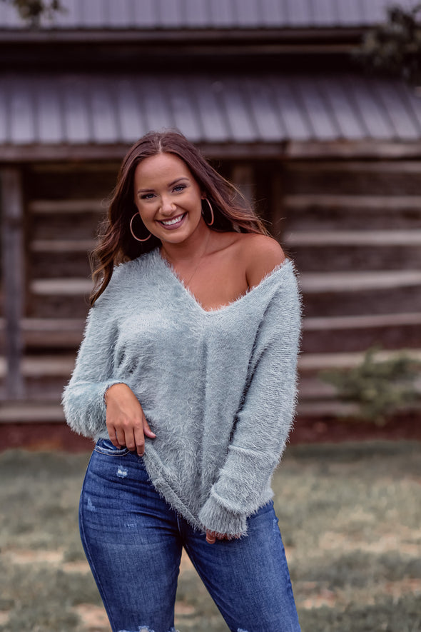 Long Sleeve Fuzzy Knit Sweater in Teal