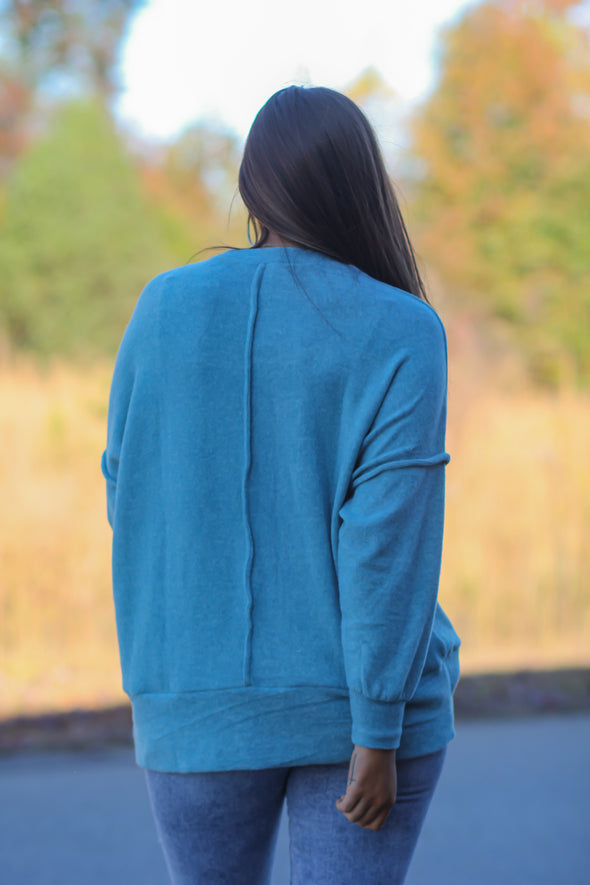 Dusty Teal Brushed Front Pocket Sweater in Regular & Curvy