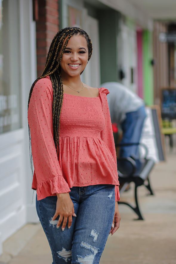 Rust Swiss Dot Smocked Peplum Top