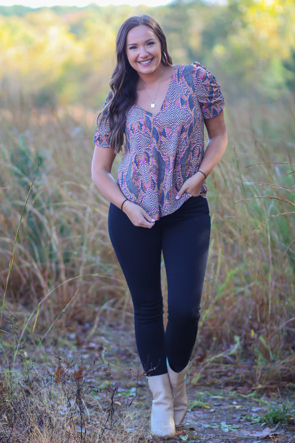 Charcoal & Violet Snake Print Woven V Neck Blouse