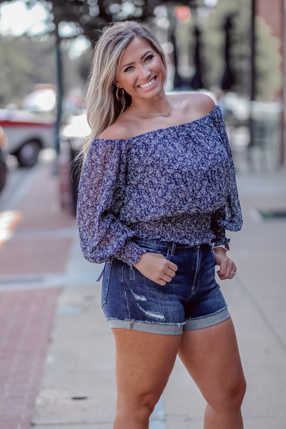 Navy Paisley Off Shoulder Smocked Top