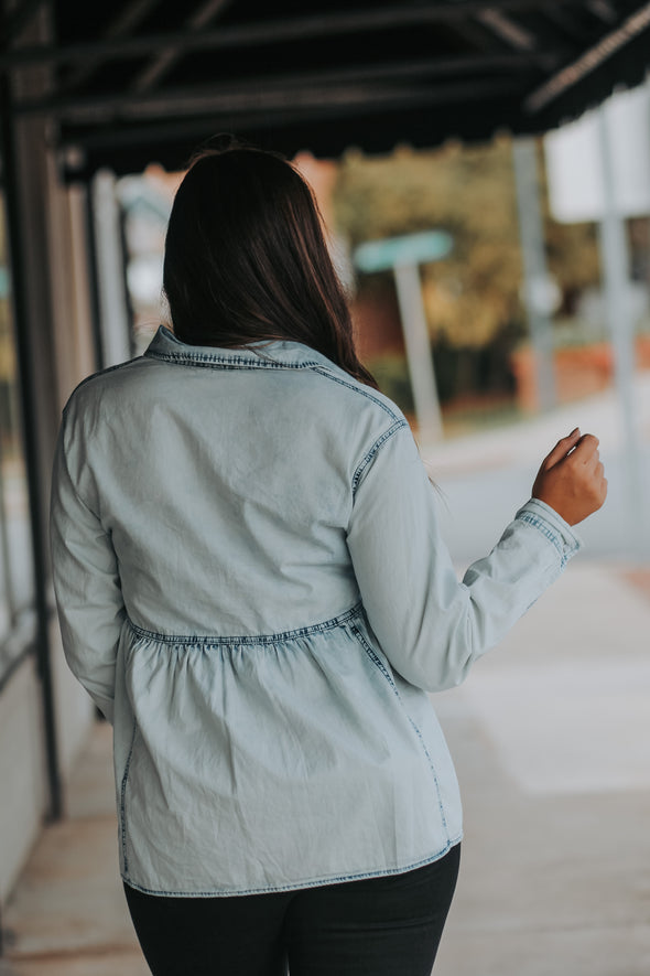 Washed Denim Peplum Button Down Top