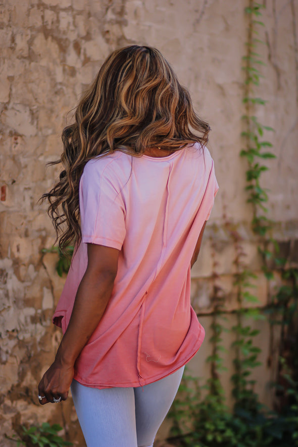 STOREFRONT Rose Ombre V Neck Short Sleeve Top