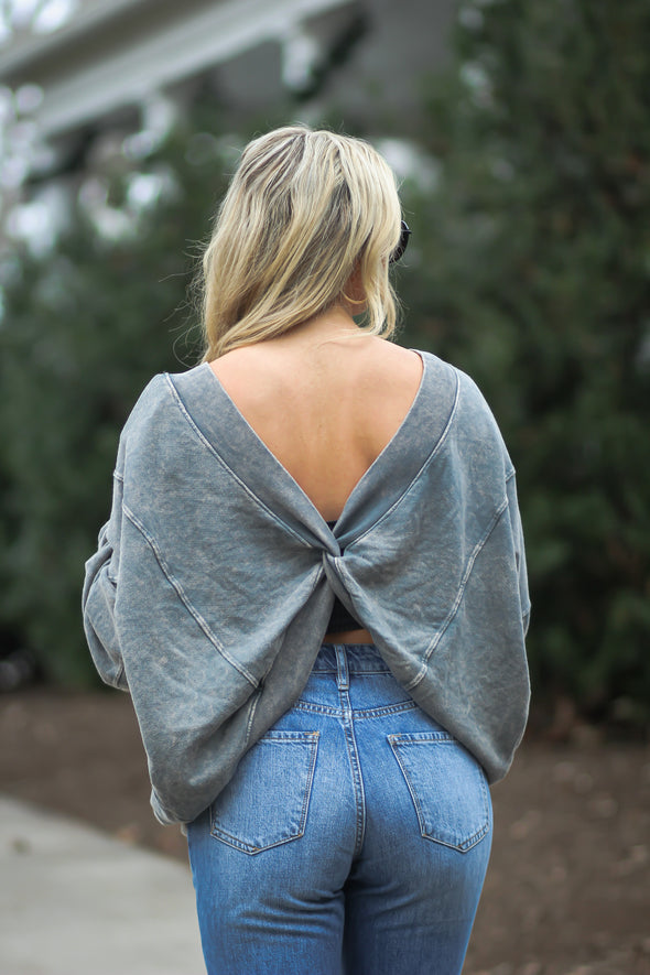 Washed Charcoal Twist Open Back Top