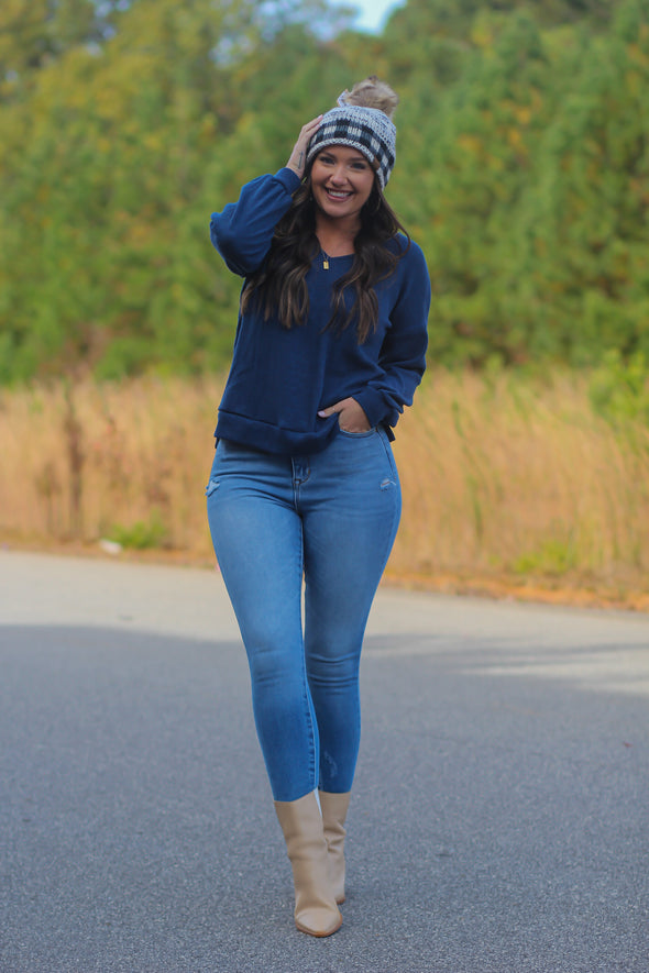 Navy Ribbed Knit V Neck Long Sleeve Top In Regular & Curvy