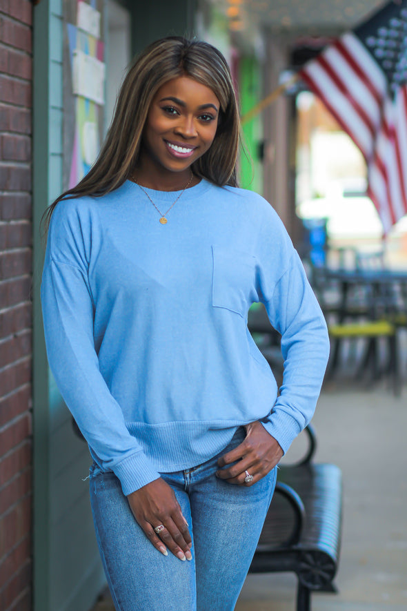 Slate Brushed Front Pocket Long Sleeve Top