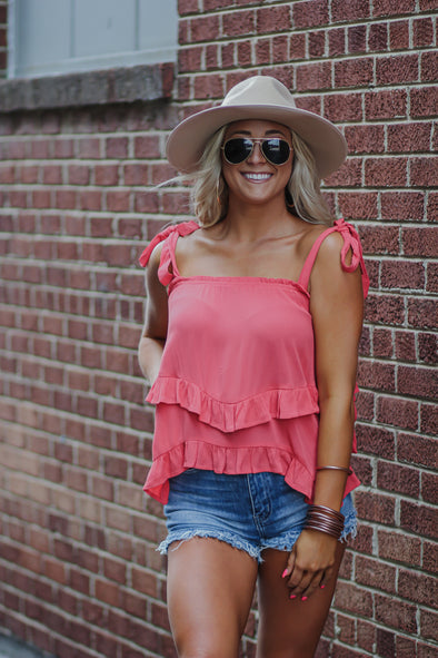 Deep Coral Tie Sleeve Ruffle Tank