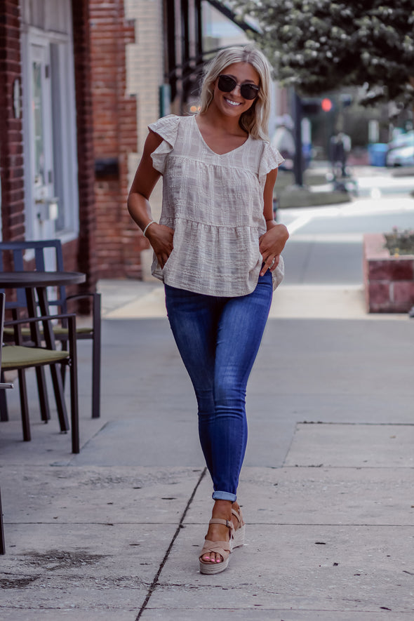 Taupe Textured Tiered Babydoll Blouse