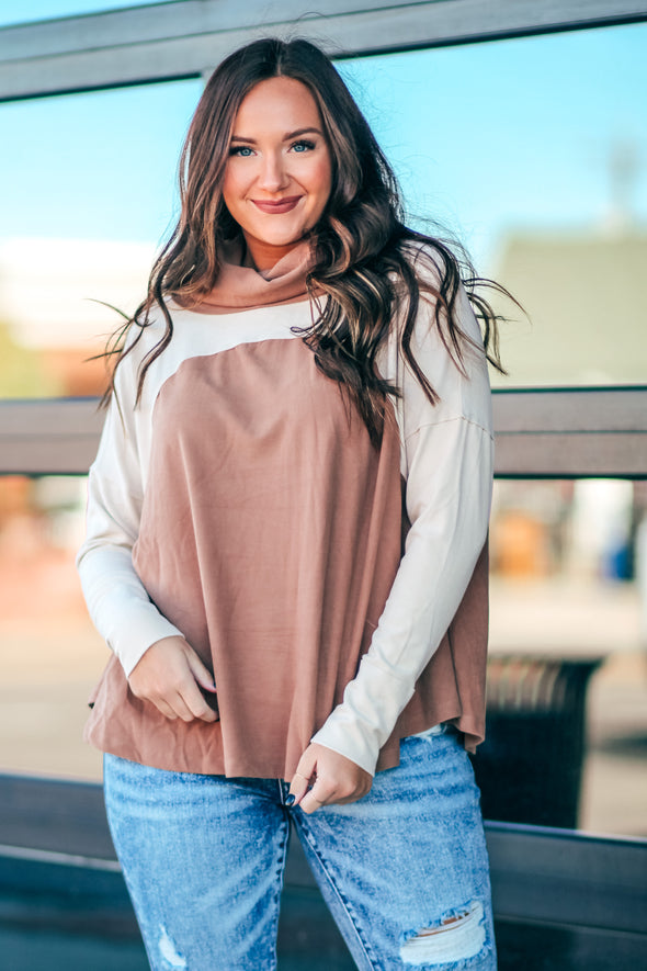 Taupe & Mocha Cowl Neck Pullover Top