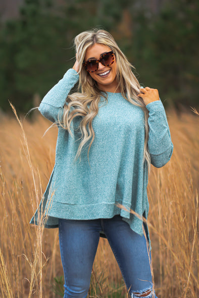 Teal Waffle Knit Boxy Long Sleeve Top