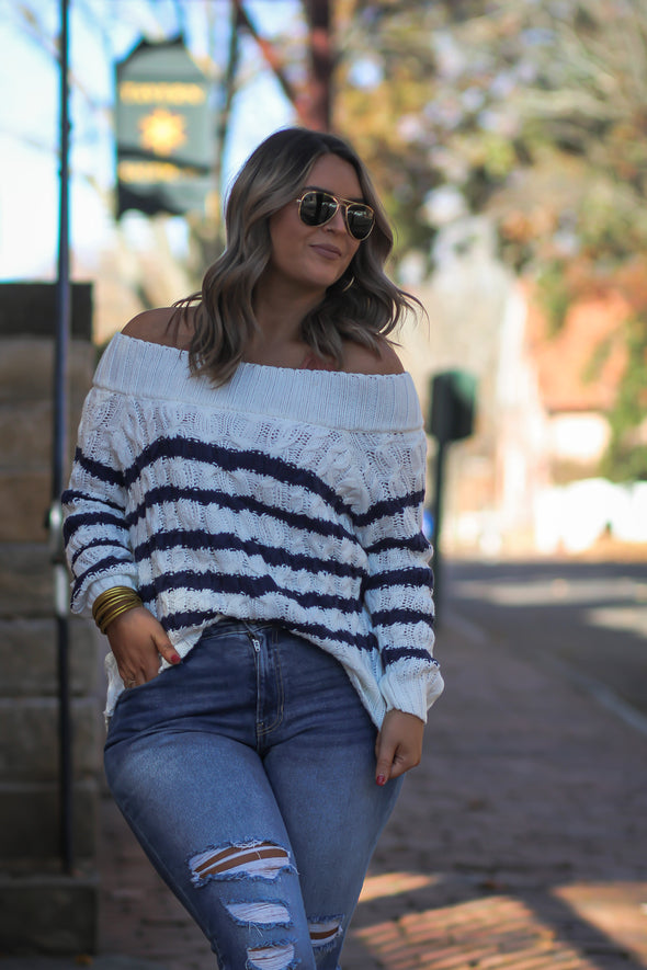 Ivory & Navy Stripe Cable Knit Sweater
