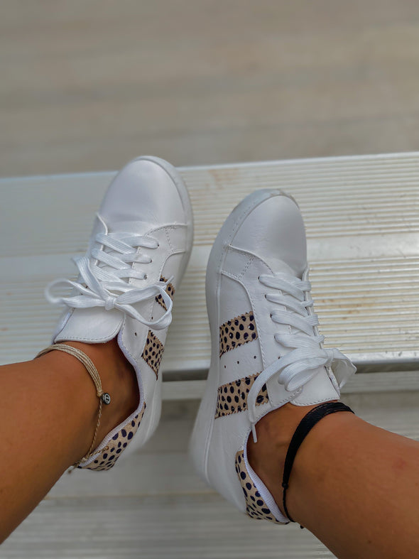 White & Cheetah Stripe Lace Up Sneaker