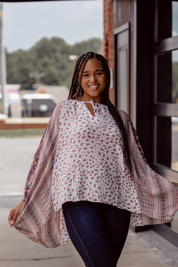 Mauve & Ivory Contrast Dolman Sleeve Tie Front Top