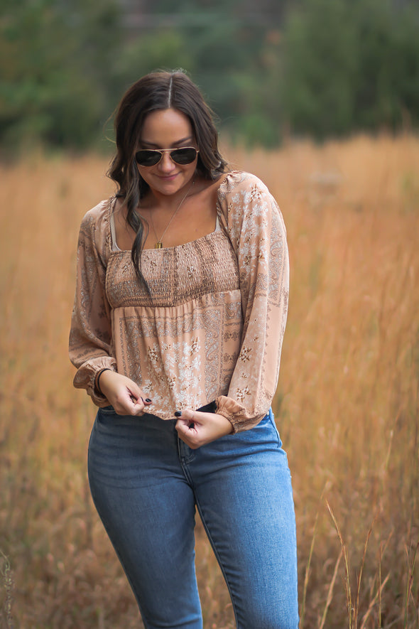 Taupe Paisley Smocked Balloon Sleeve Top