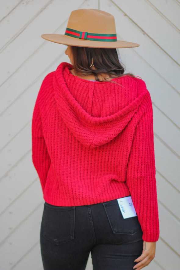 Red Sweater Knit Hooded Top