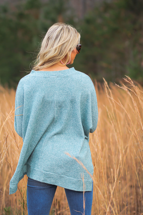 Teal Waffle Knit Boxy Long Sleeve Top