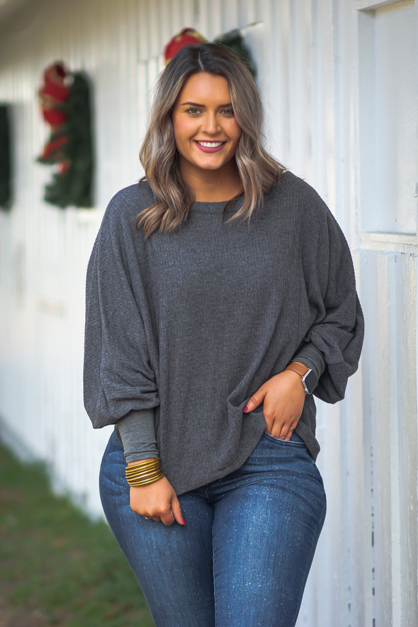 Charcoal Waffle Knit Boat Neck Long Sleeve Top