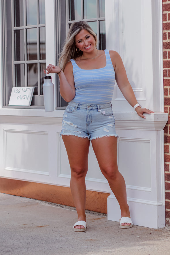 Blue & Ivory Striped Ribbed Bodysuit