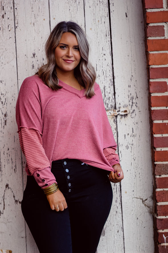 Marsala Waffle Knit Contrast V Neck Top