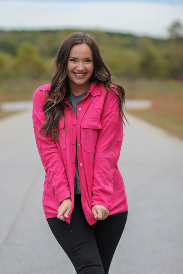 Hot Pink Faux Suede Button Down Jacket