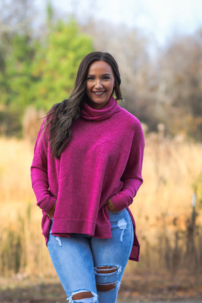 Magenta Soft Knit Cowl Neck Poncho Top