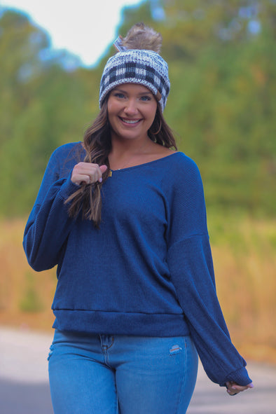 Navy Ribbed Knit V Neck Long Sleeve Top In Regular & Curvy