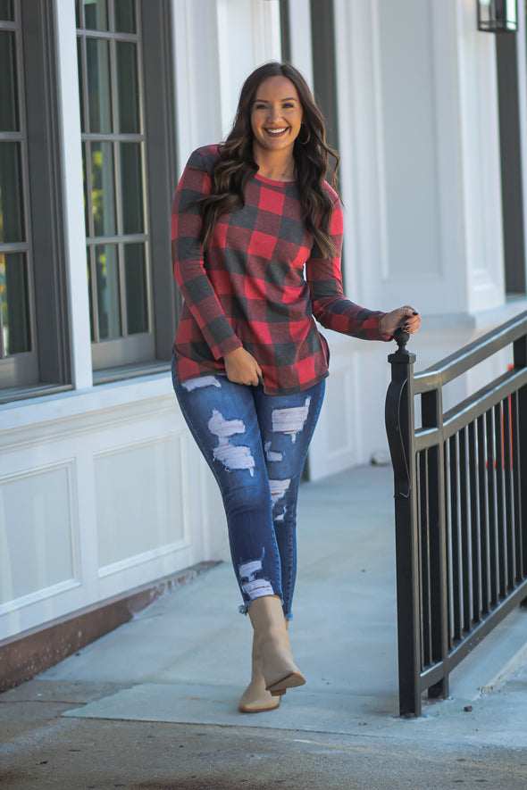 Red Buffalo Plaid Button Detail Top In Regular & Curvy