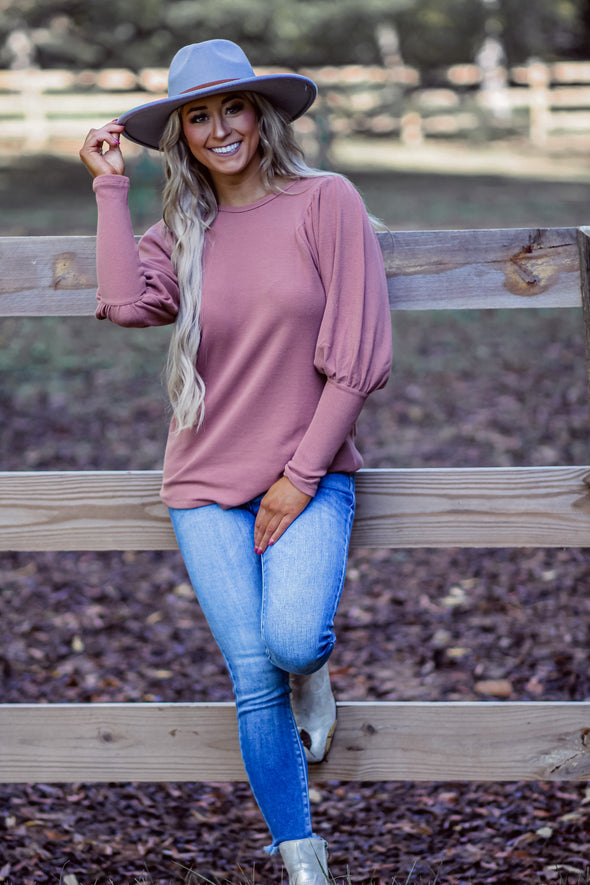 Marsala Thermal Knit Puff Sleeve Top