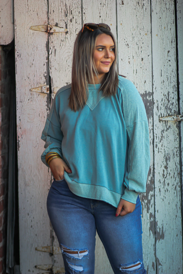 Teal Contrast French Terry Pullover Top