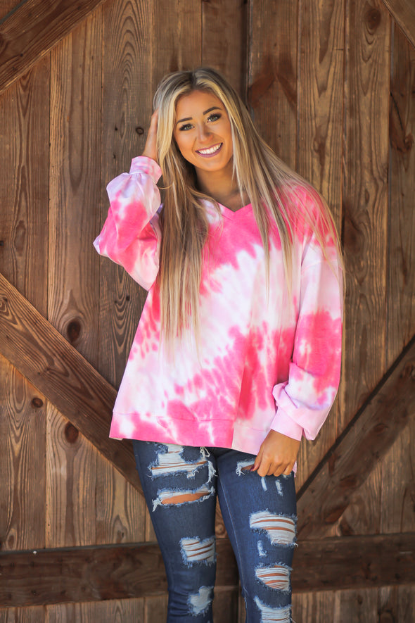 Pink Tie Dye Bubble Sleeve Top