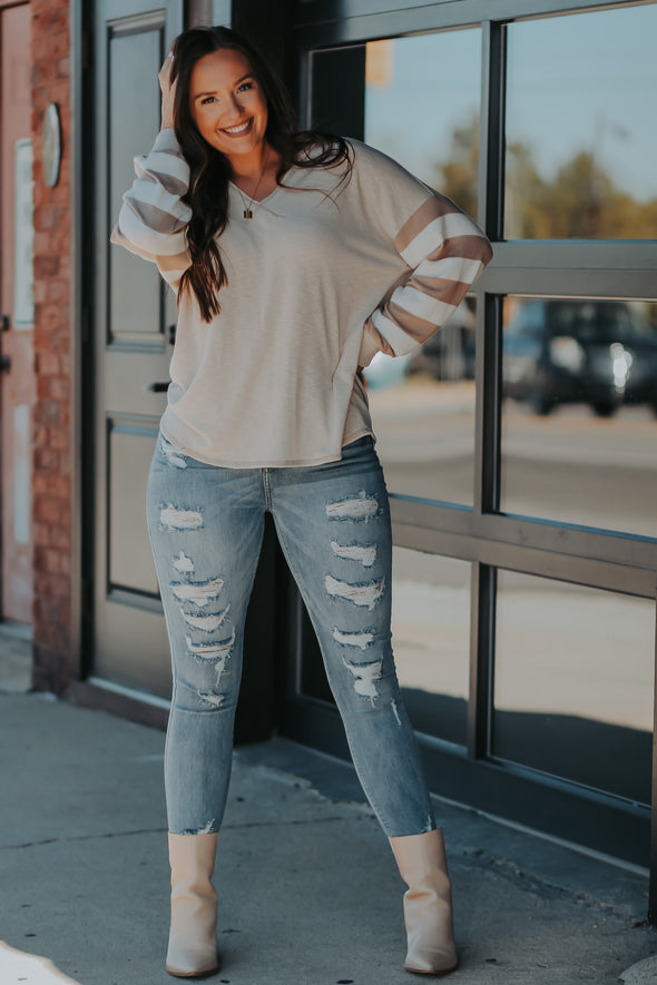 Taupe & Stripe Contrast V Neck Long Sleeve Top