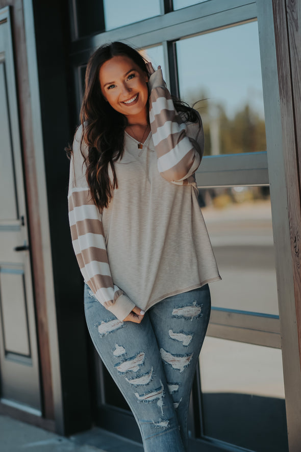 Taupe & Stripe Contrast V Neck Long Sleeve Top