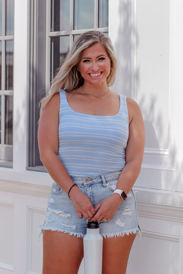 Blue & Ivory Striped Ribbed Bodysuit