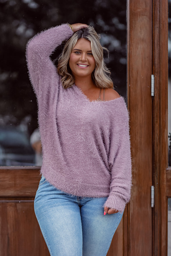 Long Sleeve Fuzzy Knit Sweater in Mauve