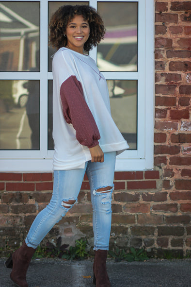 Ivory & Mauve Contrast Bubble Sleeve Top