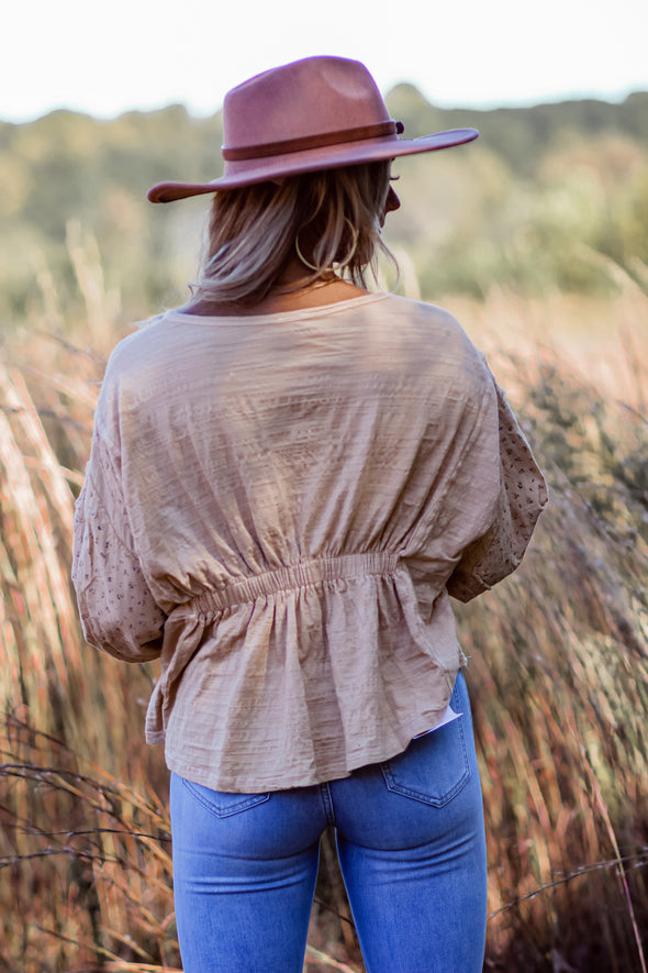 Peach & Ditsy Floral Contrast Bubble Sleeve Top